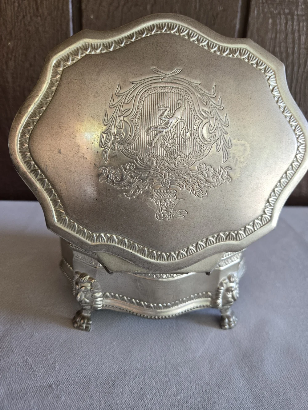 Ornate Jewelry Trinket Box with Lion Head Feet And Red Lining Vintage